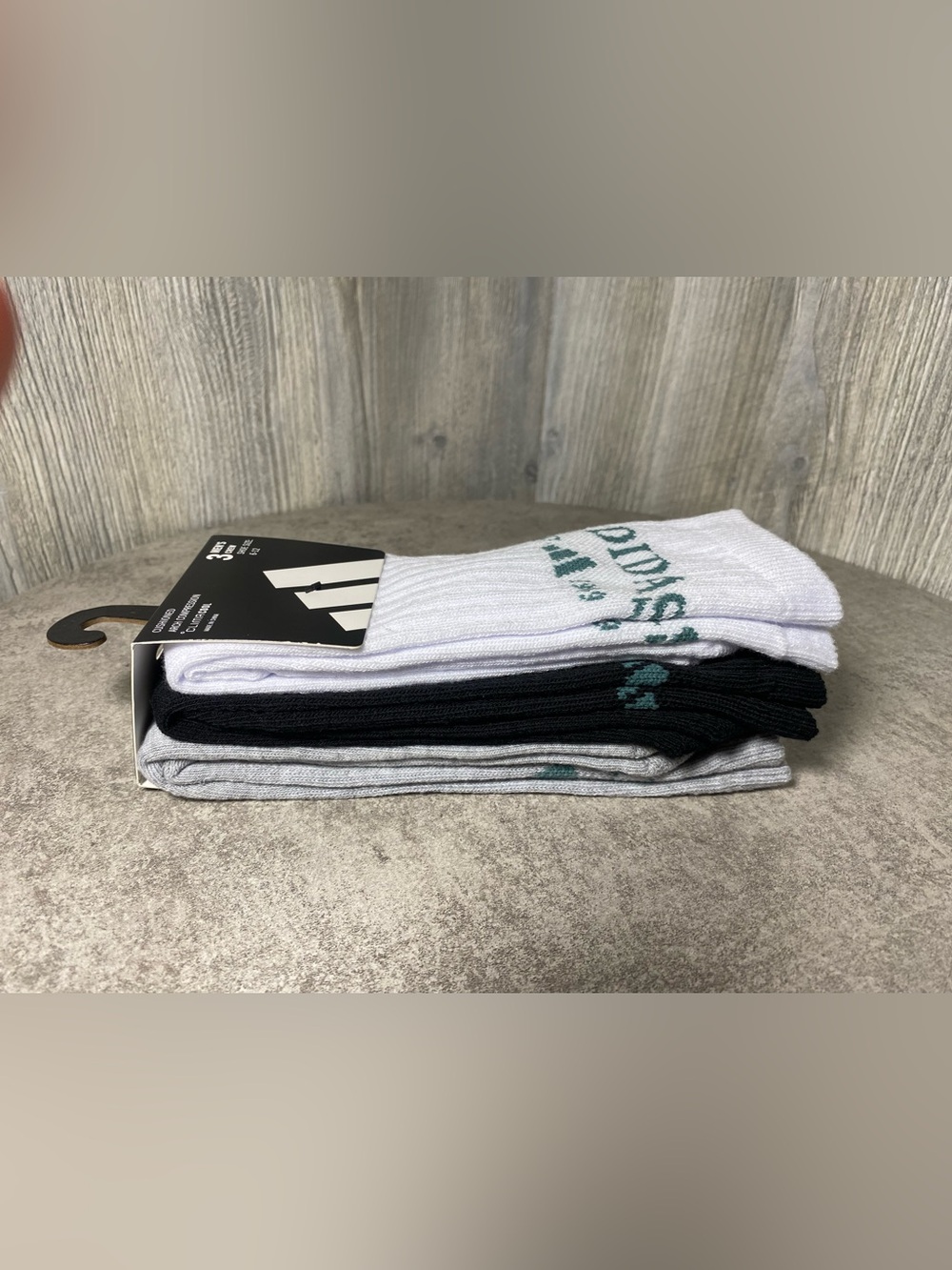adidas Men's 3-Pack Crew Socks - White, Black, Gray with Teal Logo